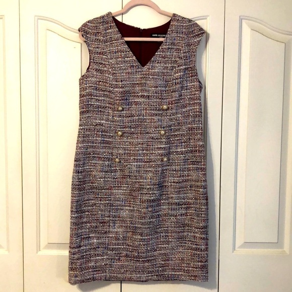 Karl Lagerfeld Dresses & Skirts - Karl Lagerfeld Multi Color Silver Metallic Pearl Buttons Tweed Shift Dress Sz 12